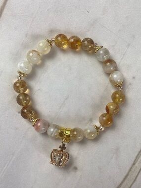 Gold Crown Charm Beaded Stretch Bracelet - Citrine and Milky Citrine